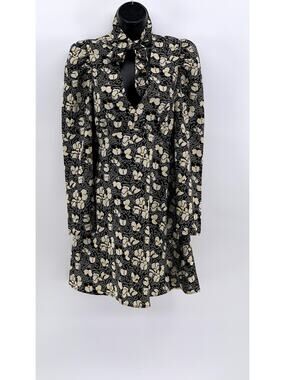 TOPSHOP Women's Black Floral Print Tie Neck Long Sleeve Mini Dress SZ 4